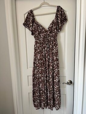 Ultra Flirt Brown Floral V-Neck Maxi Dress with Pink Accents